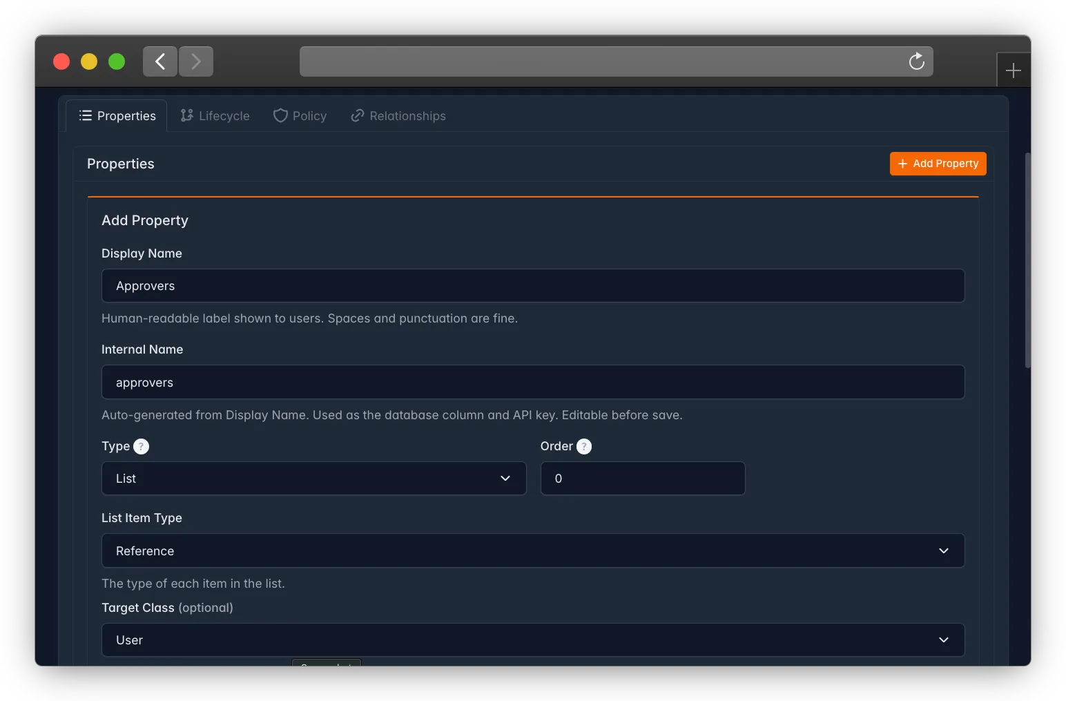 Class Designer — add custom properties like Lists, References, and Enums